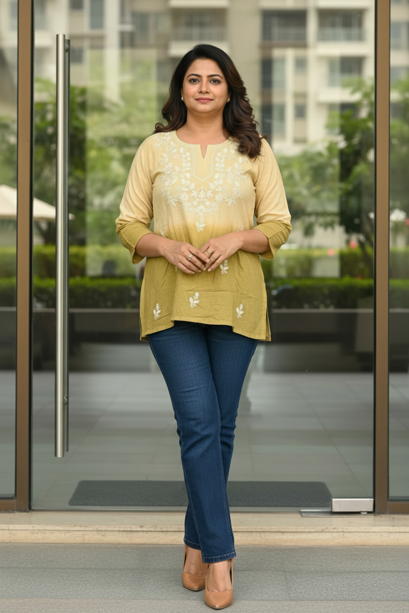 Mustard Chikankari Short Kurti