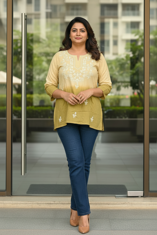 Mustard Chikankari Short Kurti