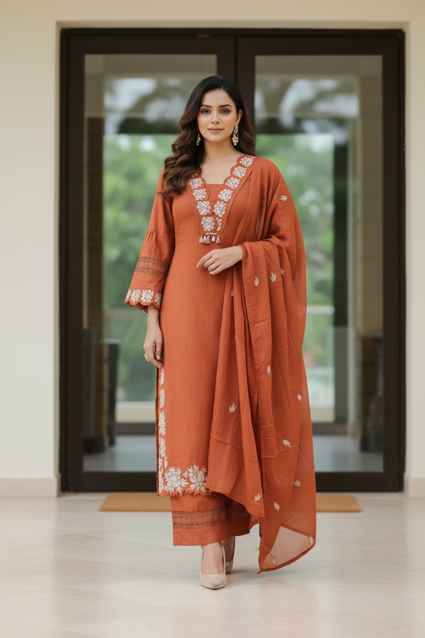 Rust Embroidered Straight