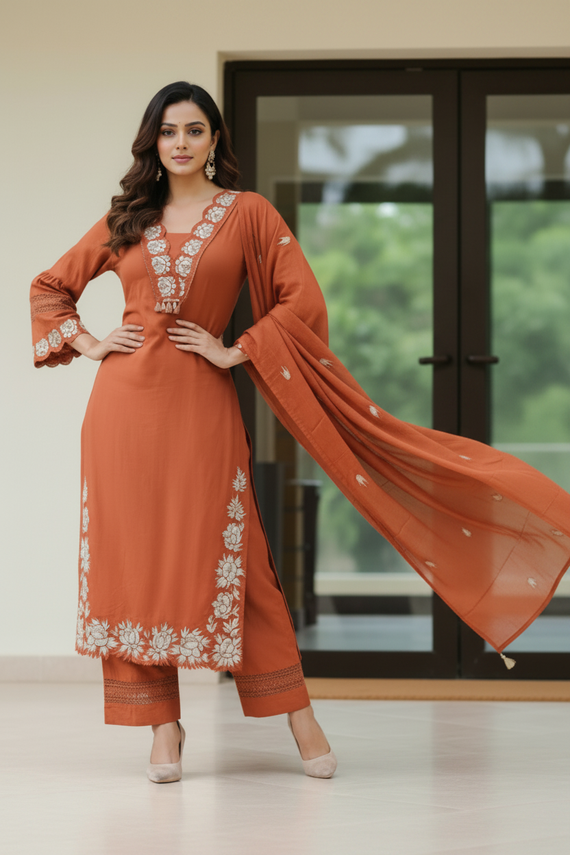 Rust Embroidered Straight