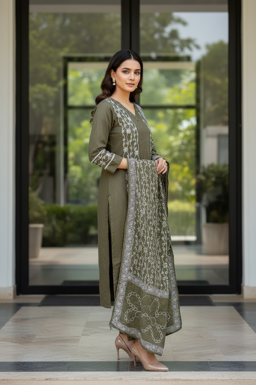 Olive Embroidered Straight