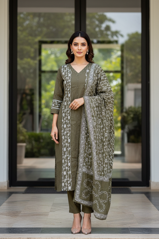 Olive Embroidered Straight