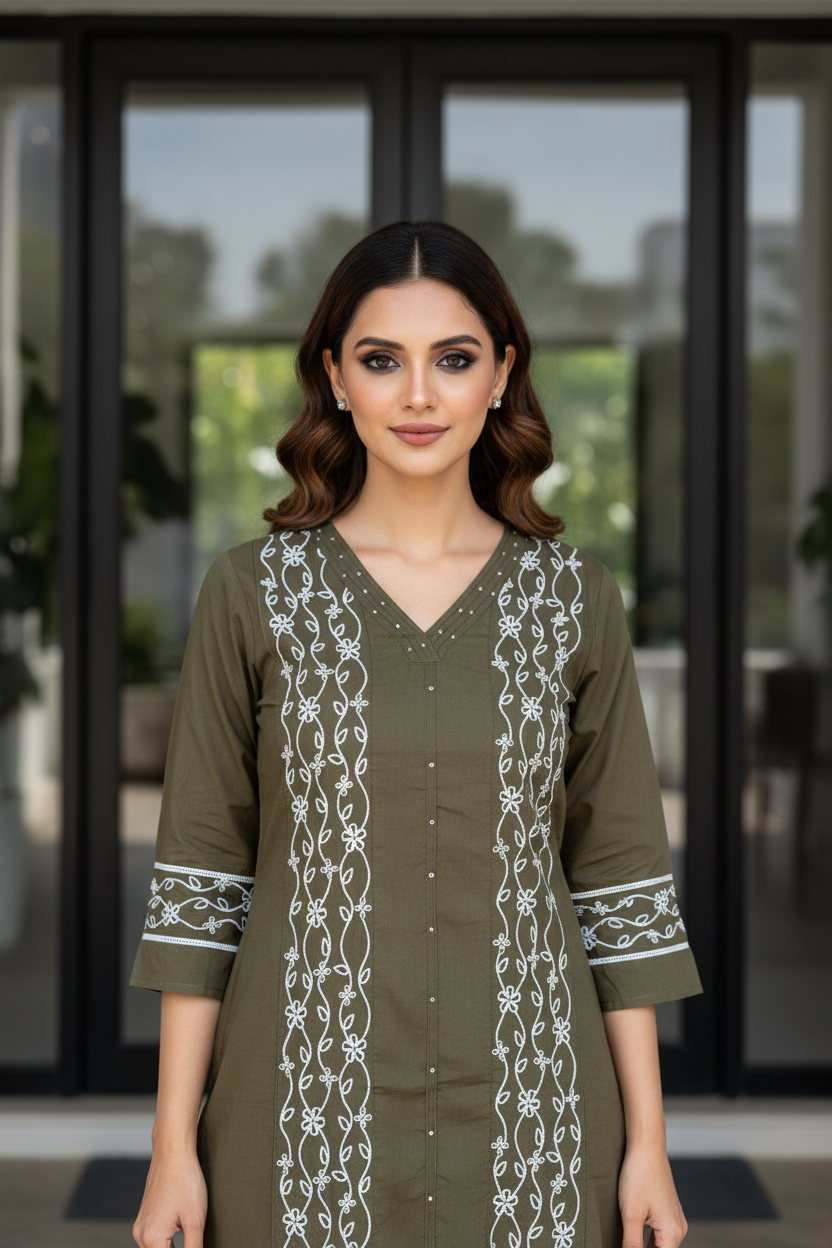 Olive Embroidered Straight