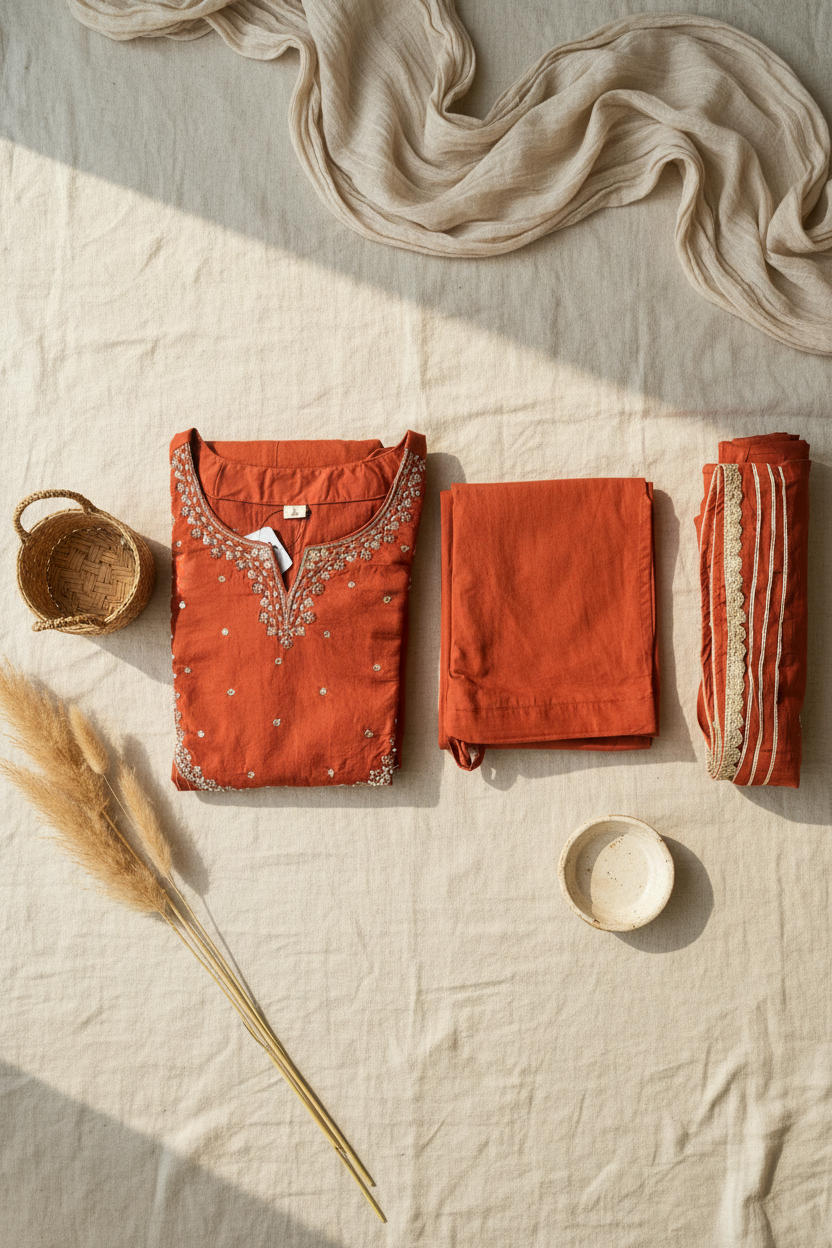 Rust Mul Cotton Flared Set