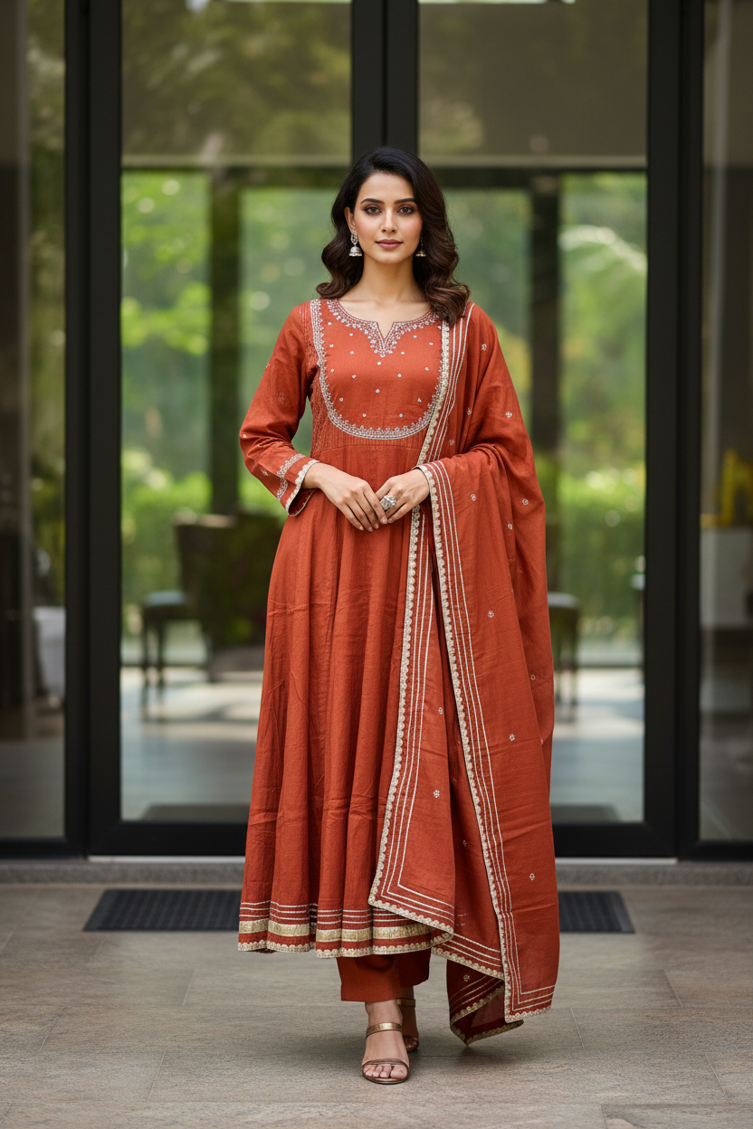 Rust Mul Cotton Flared Set