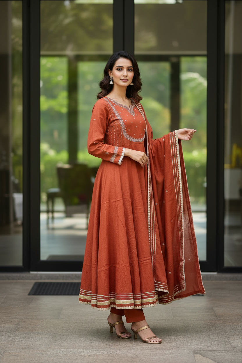Rust Mul Cotton Flared Set