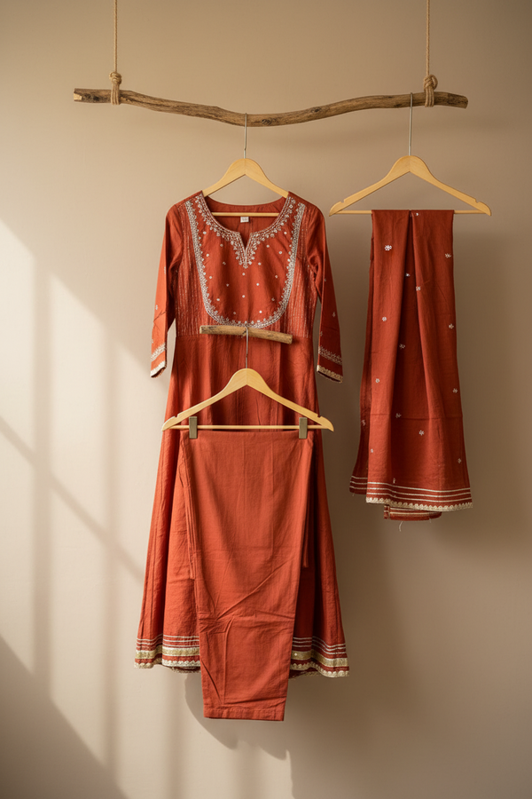 Rust Mul Cotton Flared Set
