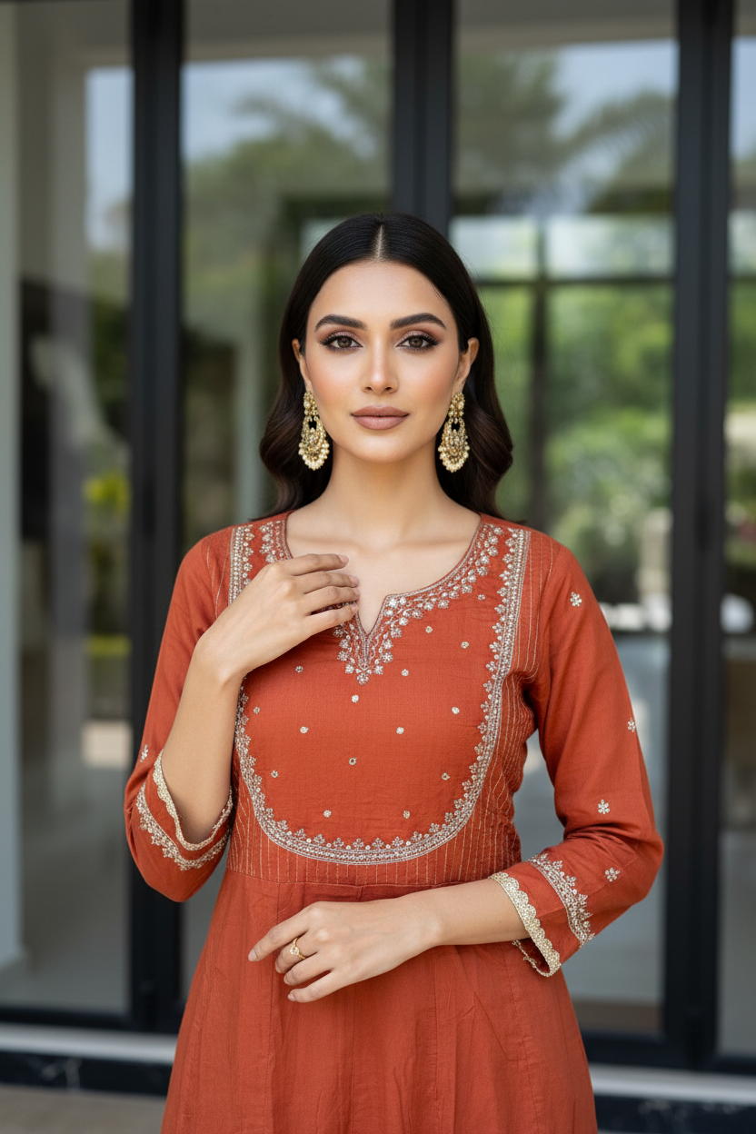 Rust Mul Cotton Flared Set