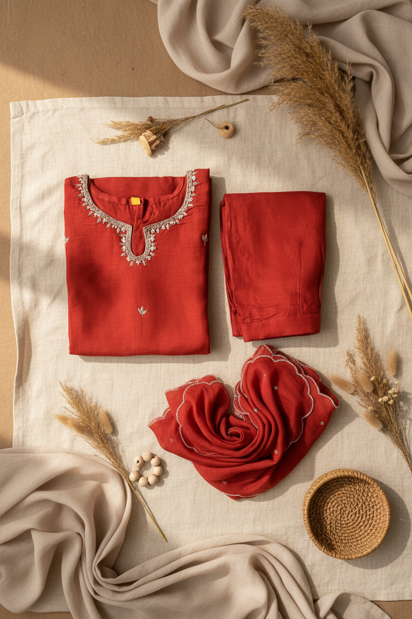 Rust Embroidered Silk Set
