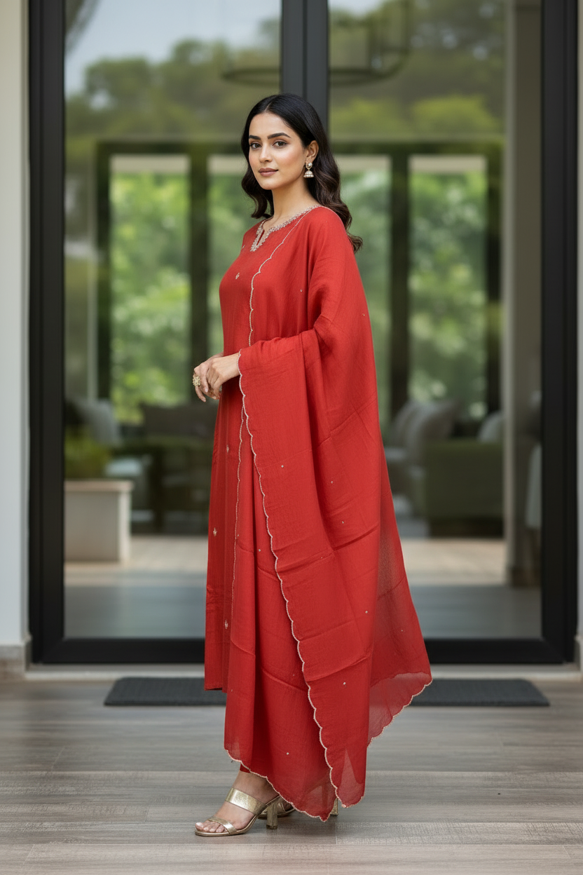 Rust Embroidered Silk Set