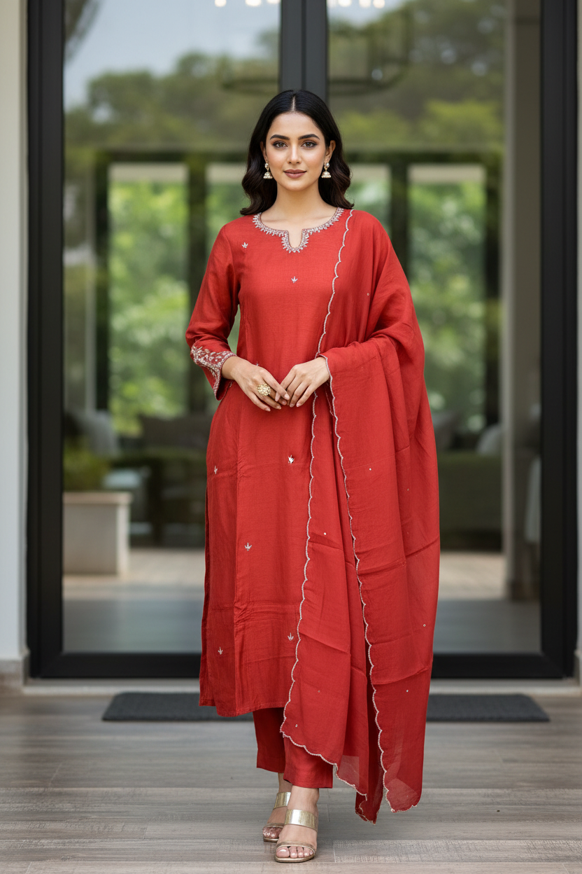 Rust Embroidered Silk Set