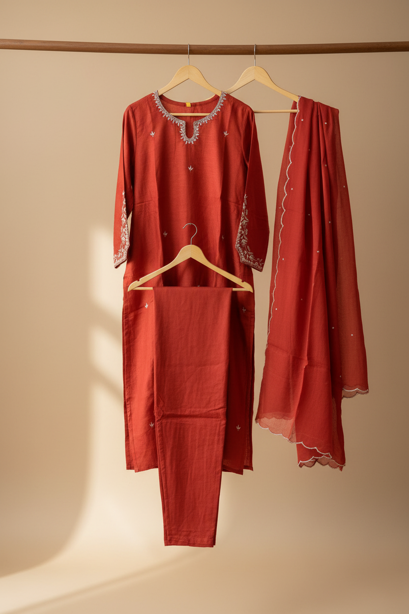 Rust Embroidered Silk Set