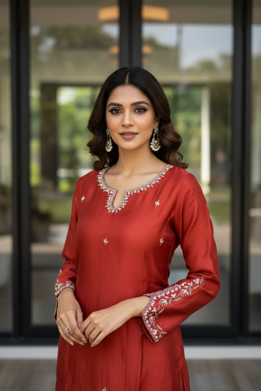 Rust Embroidered Silk Set