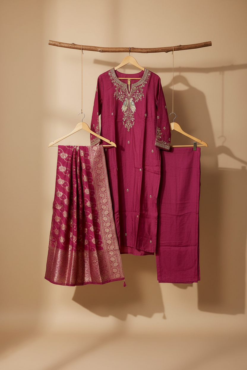 Wine Banarasi Silk Set