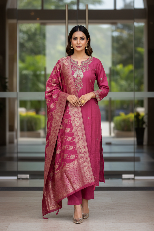 Wine Banarasi Silk Set