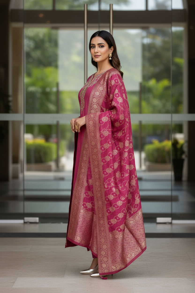 Wine Banarasi Silk Set