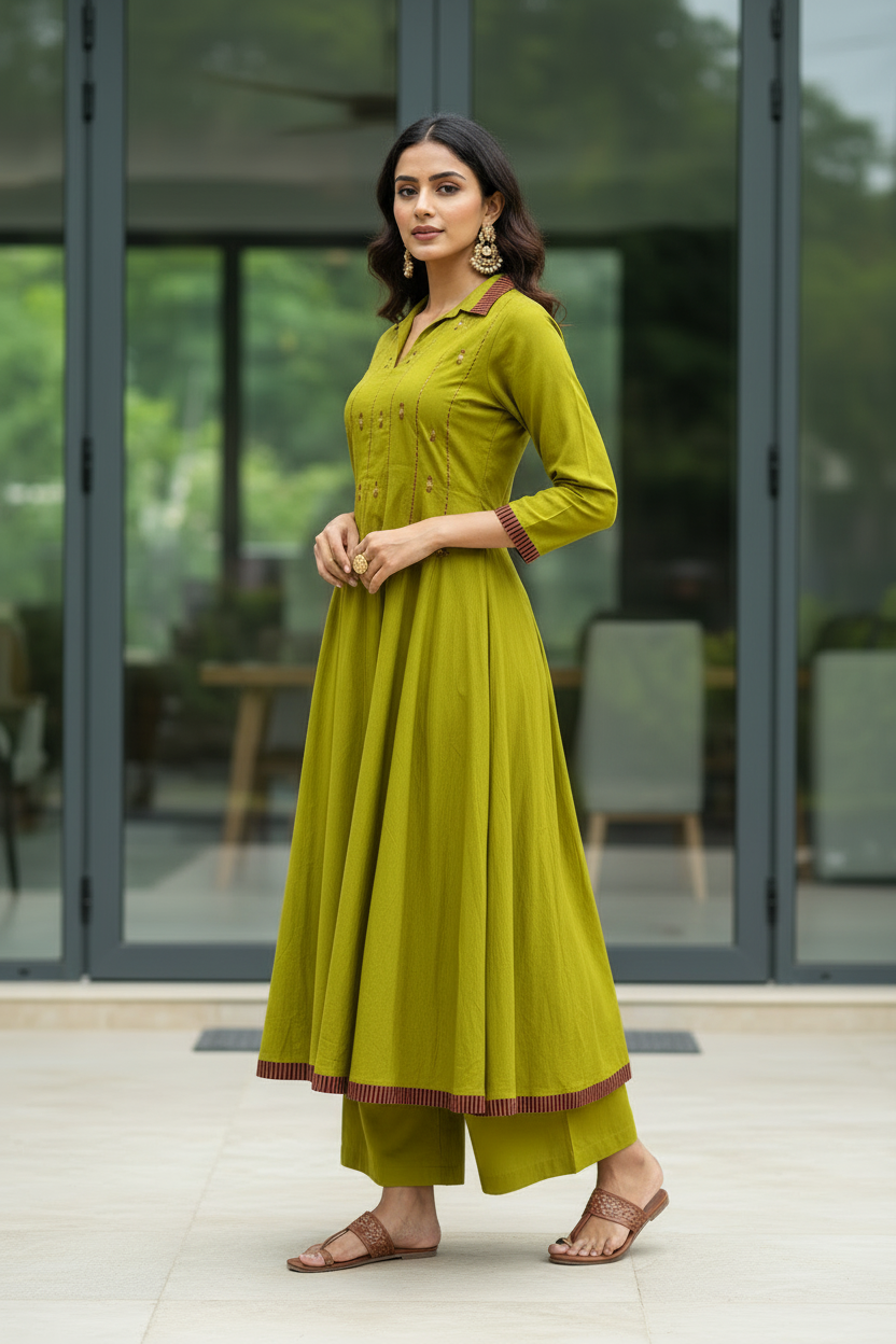 Lime Flared Kurta Set