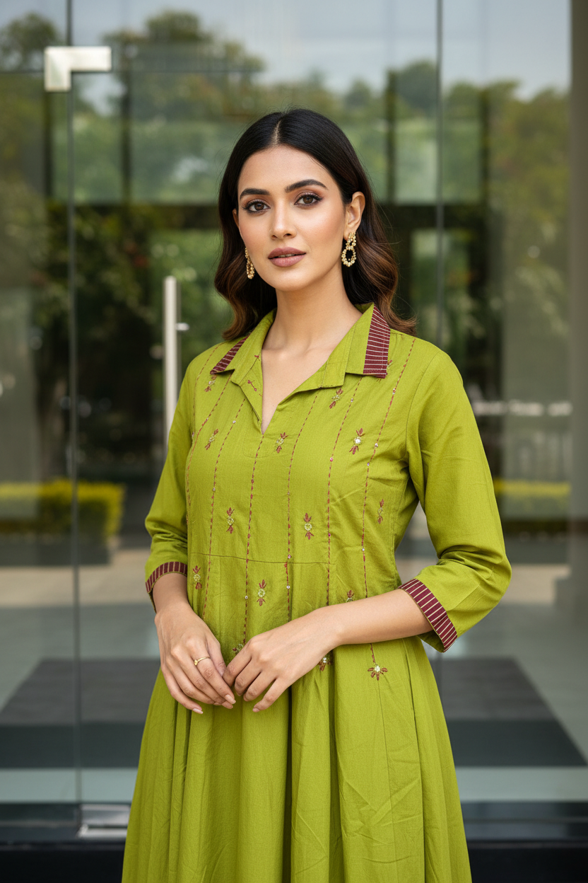 Lime Flared Kurta Set