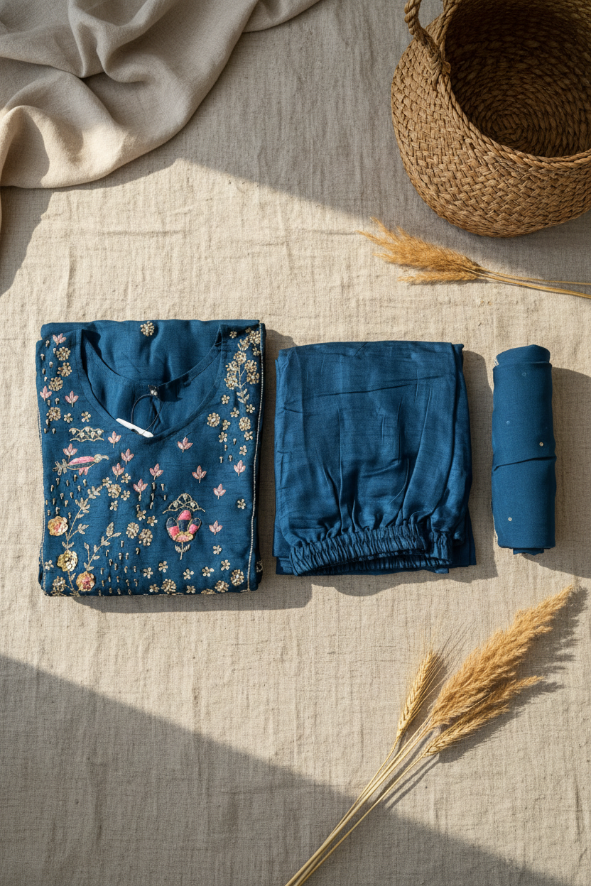 Teal Embroidered Silk