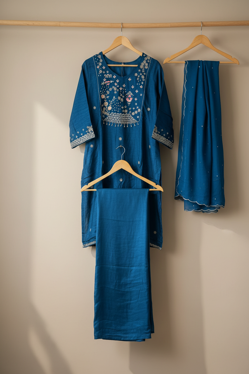 Teal Embroidered Silk