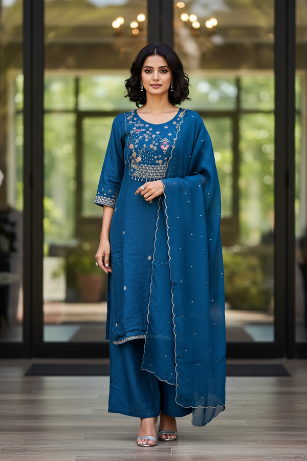 Teal Embroidered Silk