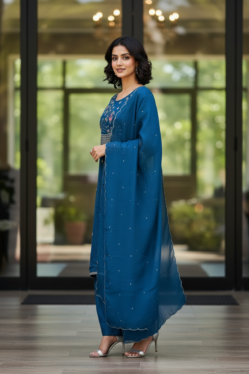 Teal Embroidered Silk