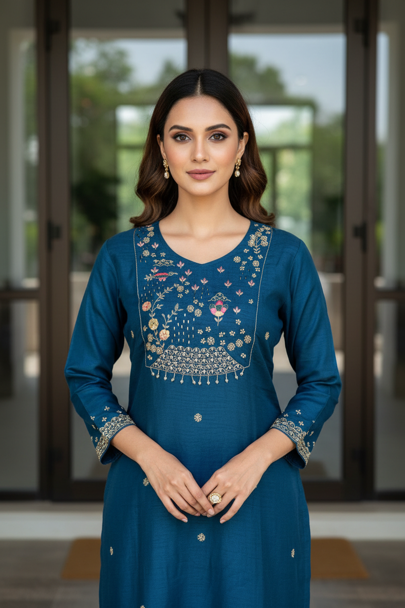 Teal Embroidered Silk