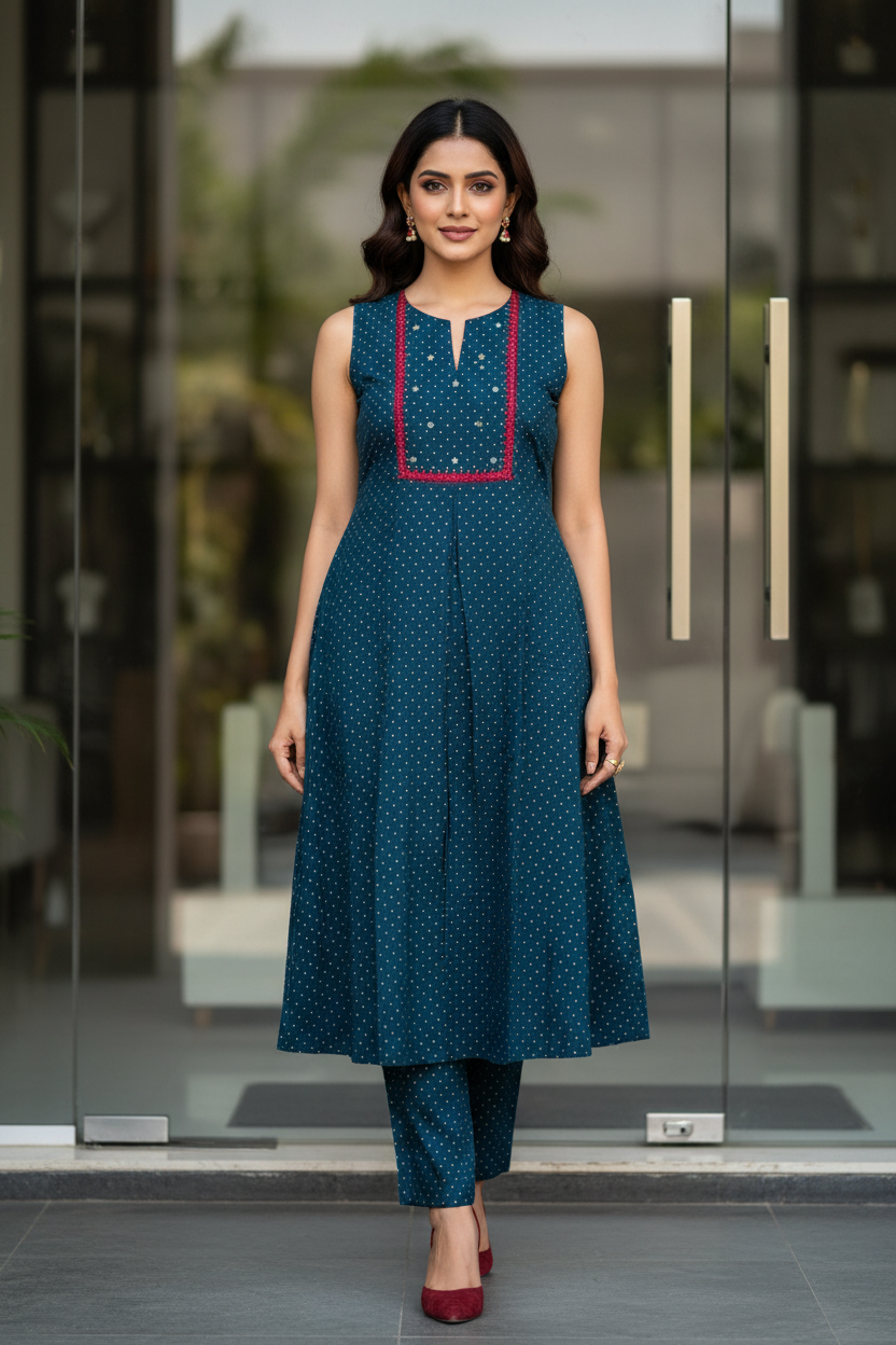 Teal Dotted Kurta set