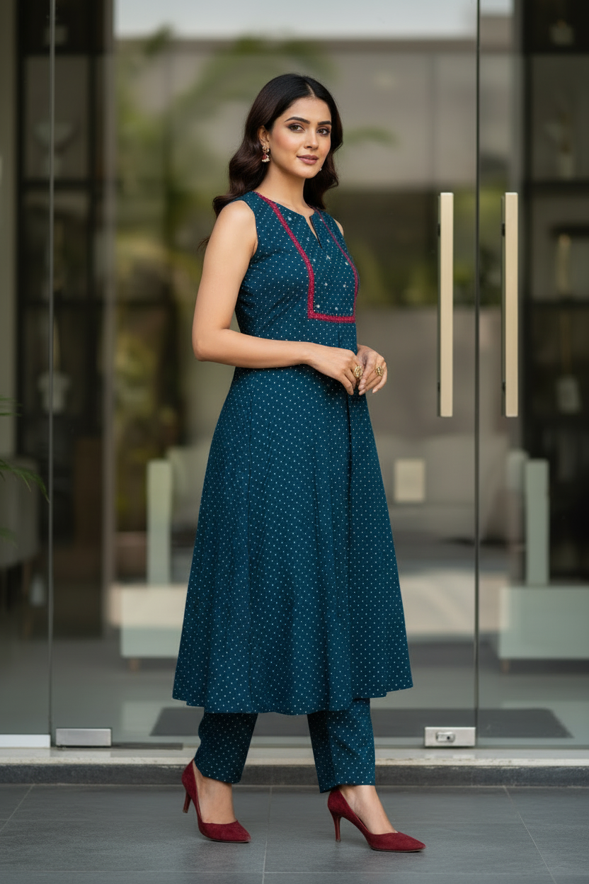 Teal Dotted Kurta set