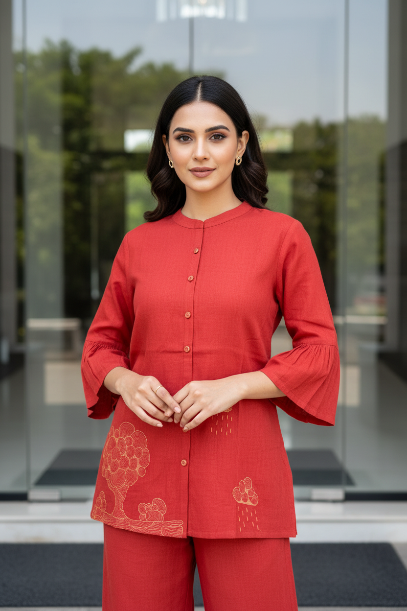 Rust Embroidered Short Kurta
