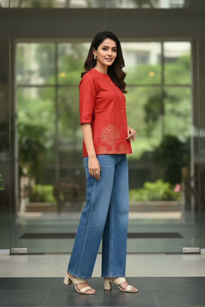 Rust Embroidered Short Kurta