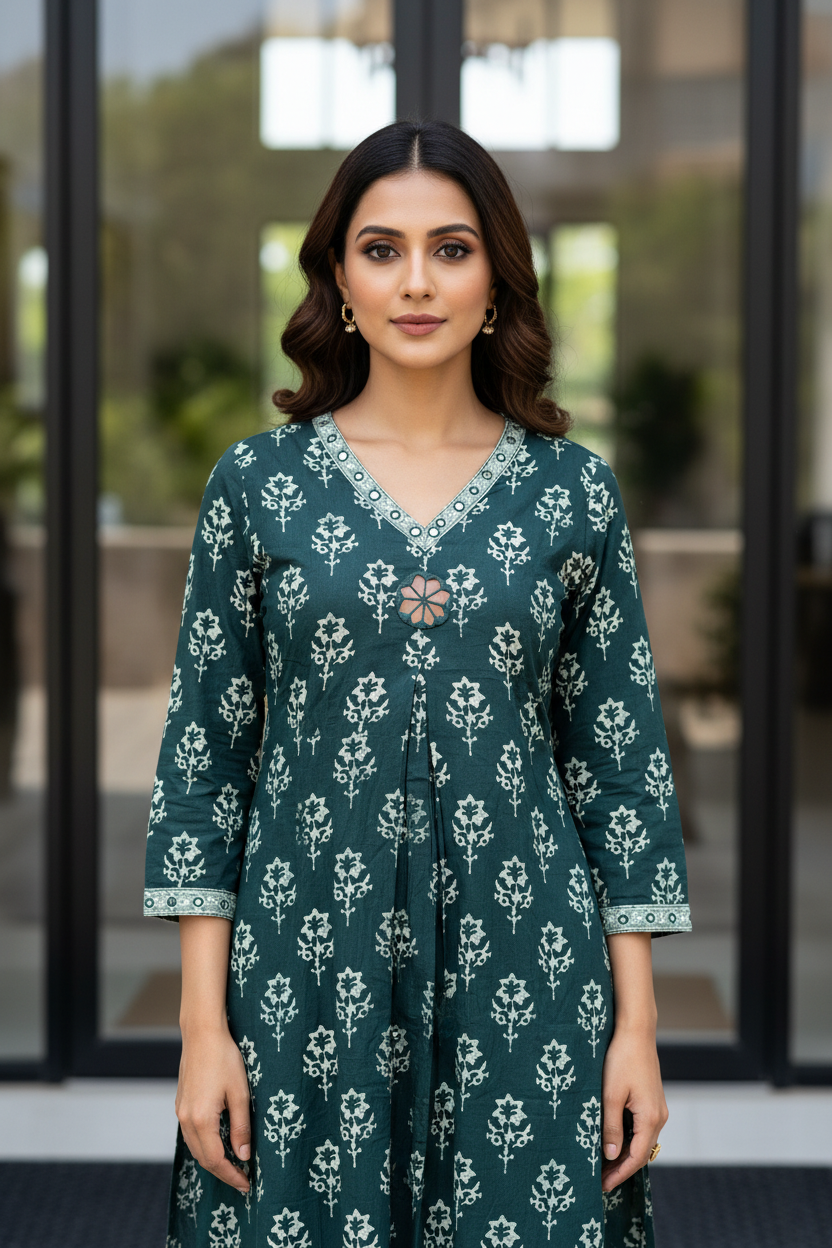 Green Printed Aline Kurta Set