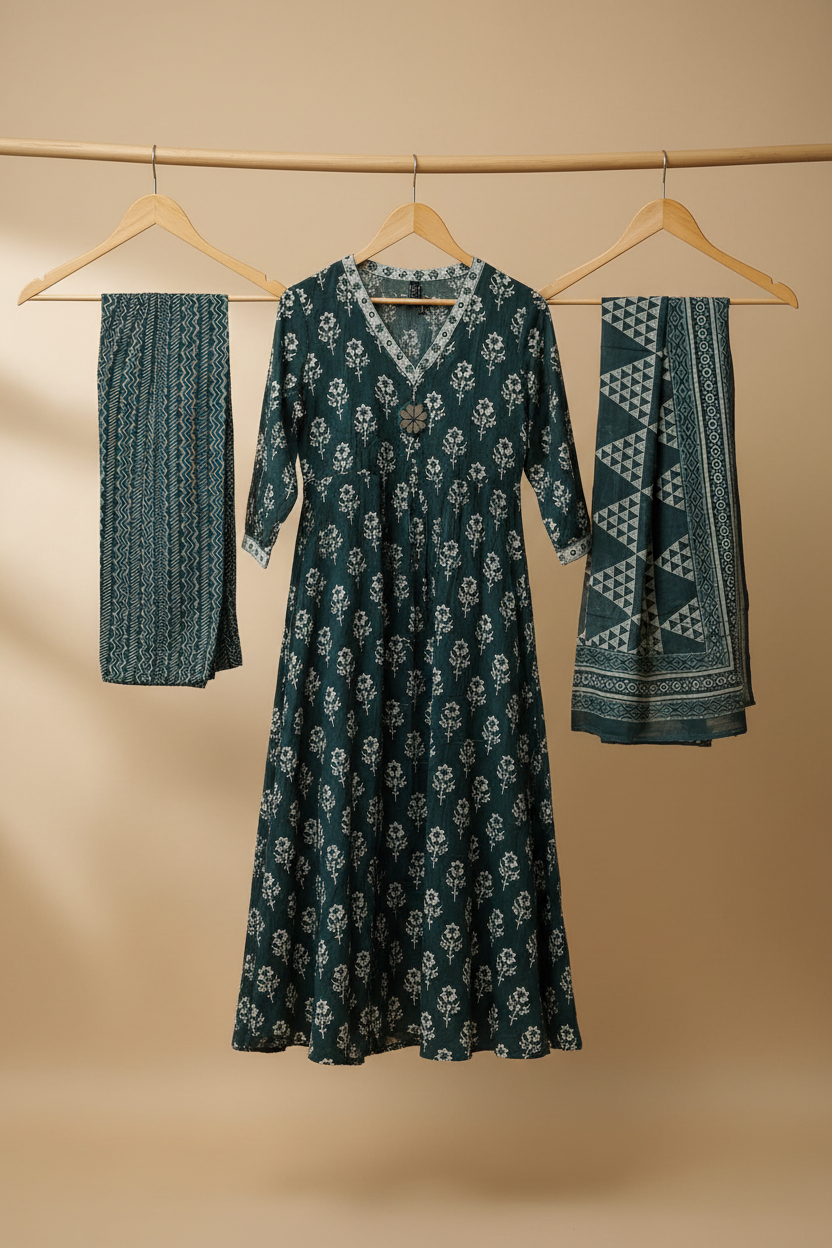 Green Printed Aline Kurta Set