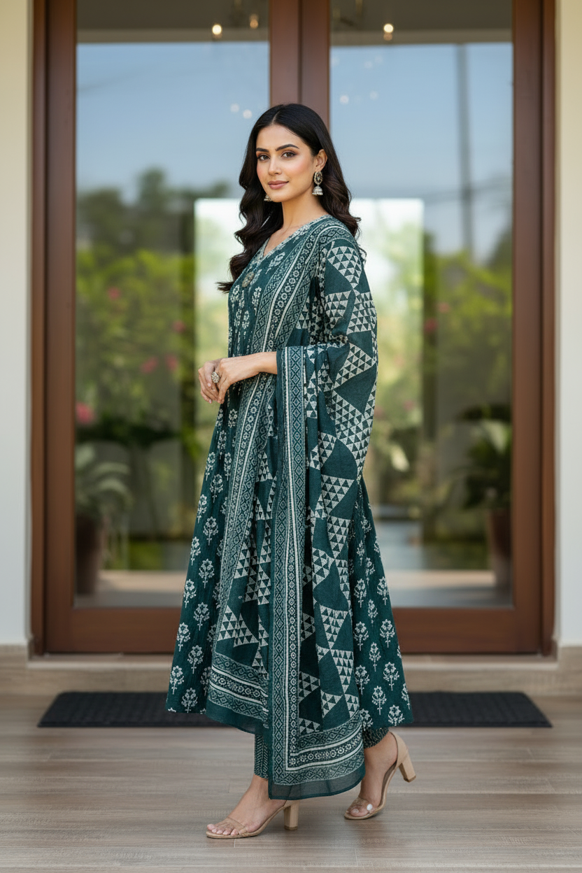 Green Printed Aline Kurta Set