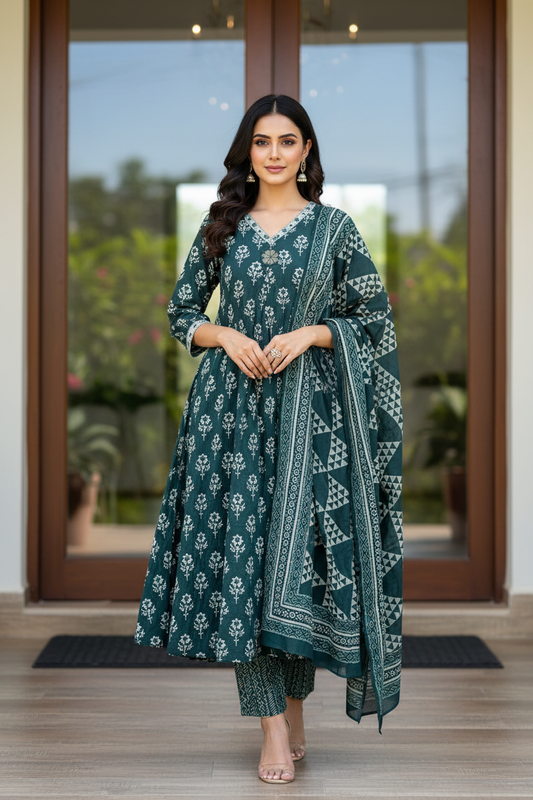 Green Printed Aline Kurta Set