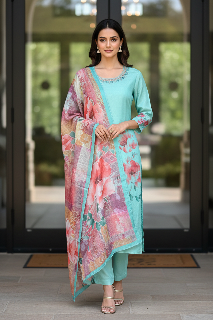 Mint Floral Kurta Set