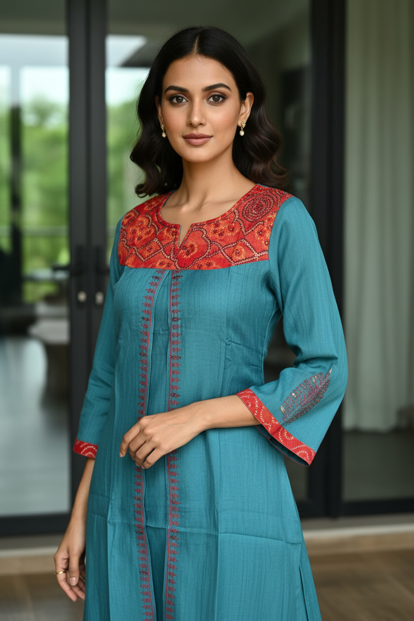 Bandhej Neck Kurta Set