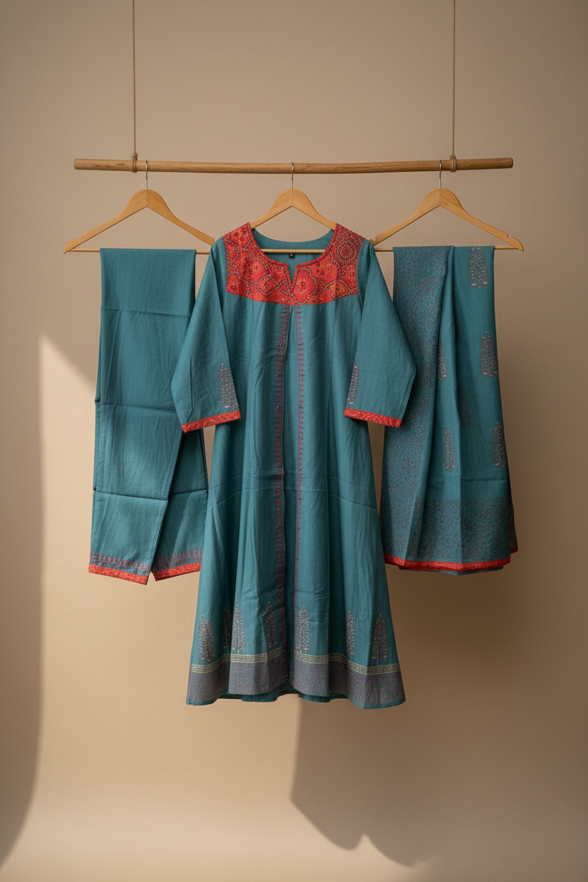 Bandhej Neck Kurta Set