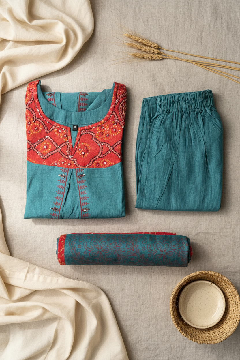 Bandhej Neck Kurta Set