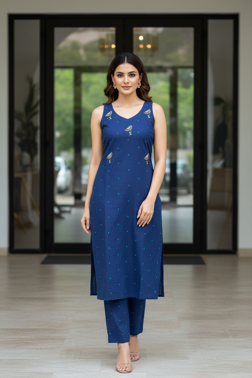 Navy Embroidered Sleeveless