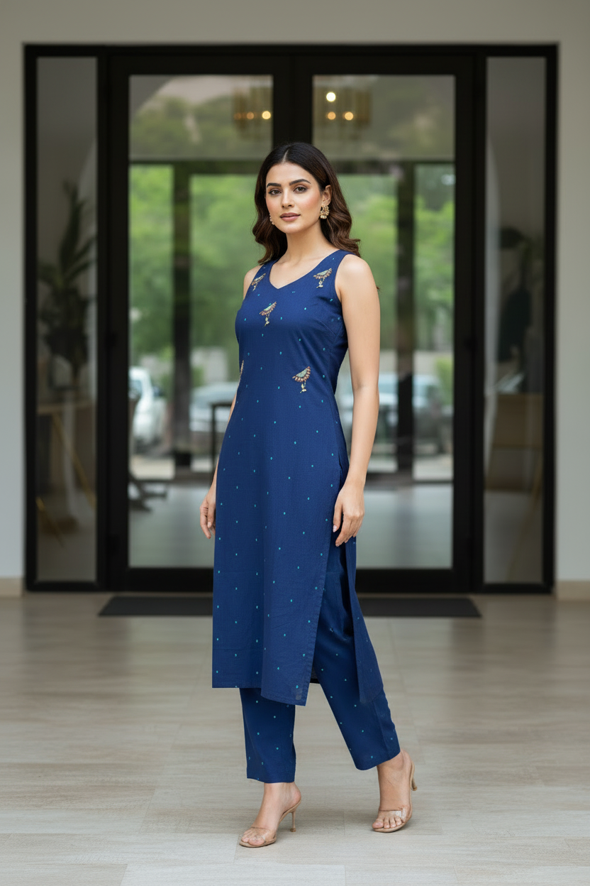 Navy Embroidered Sleeveless