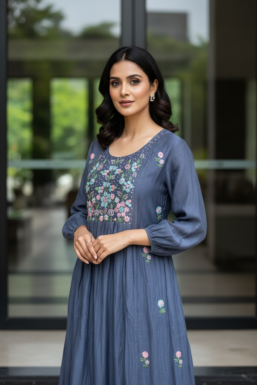 Slate Hand-Embroidered Flared