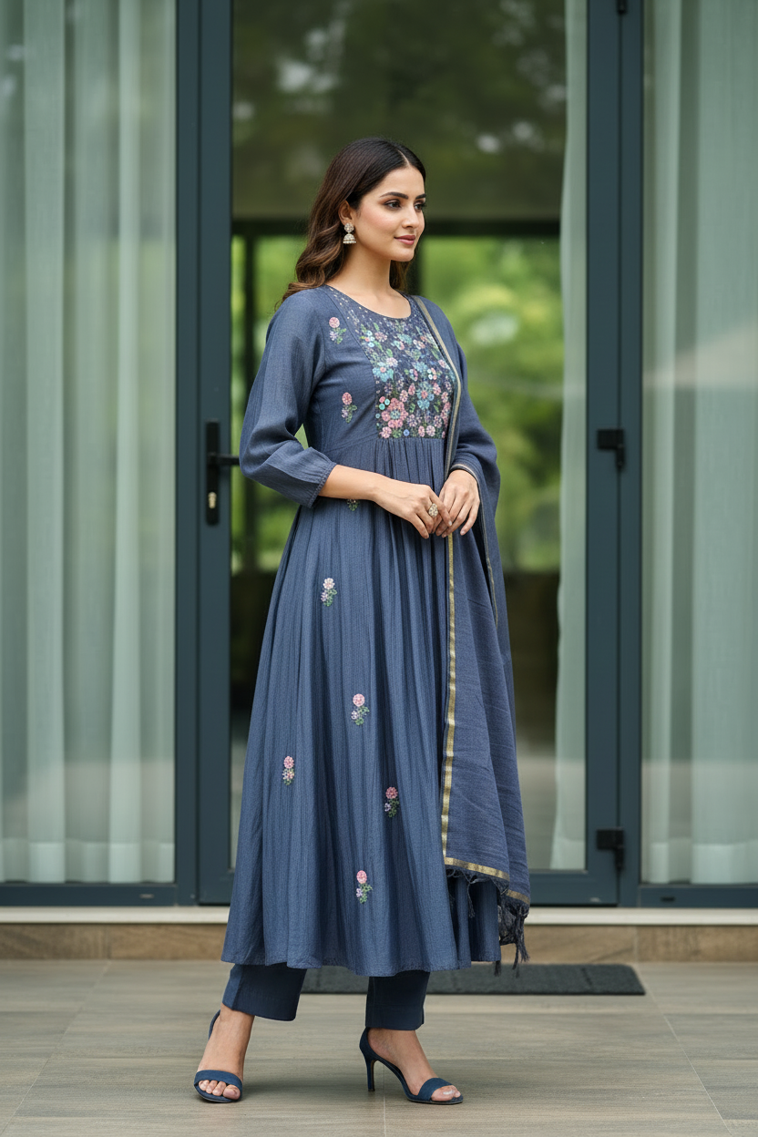 Slate Hand-Embroidered Flared