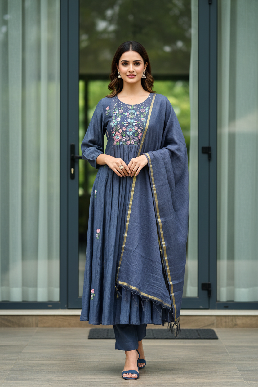 Slate Hand-Embroidered Flared