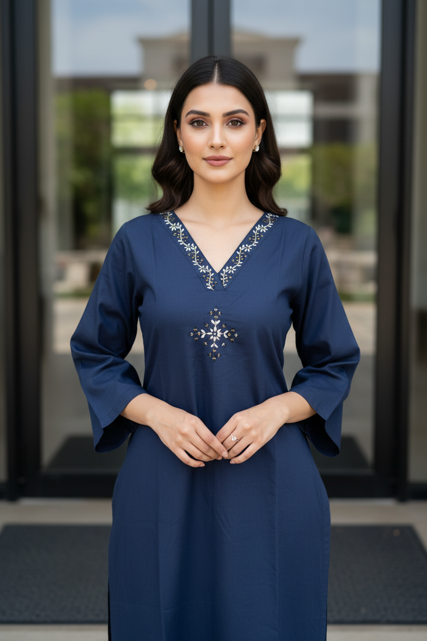 Navy Embroidered Straight