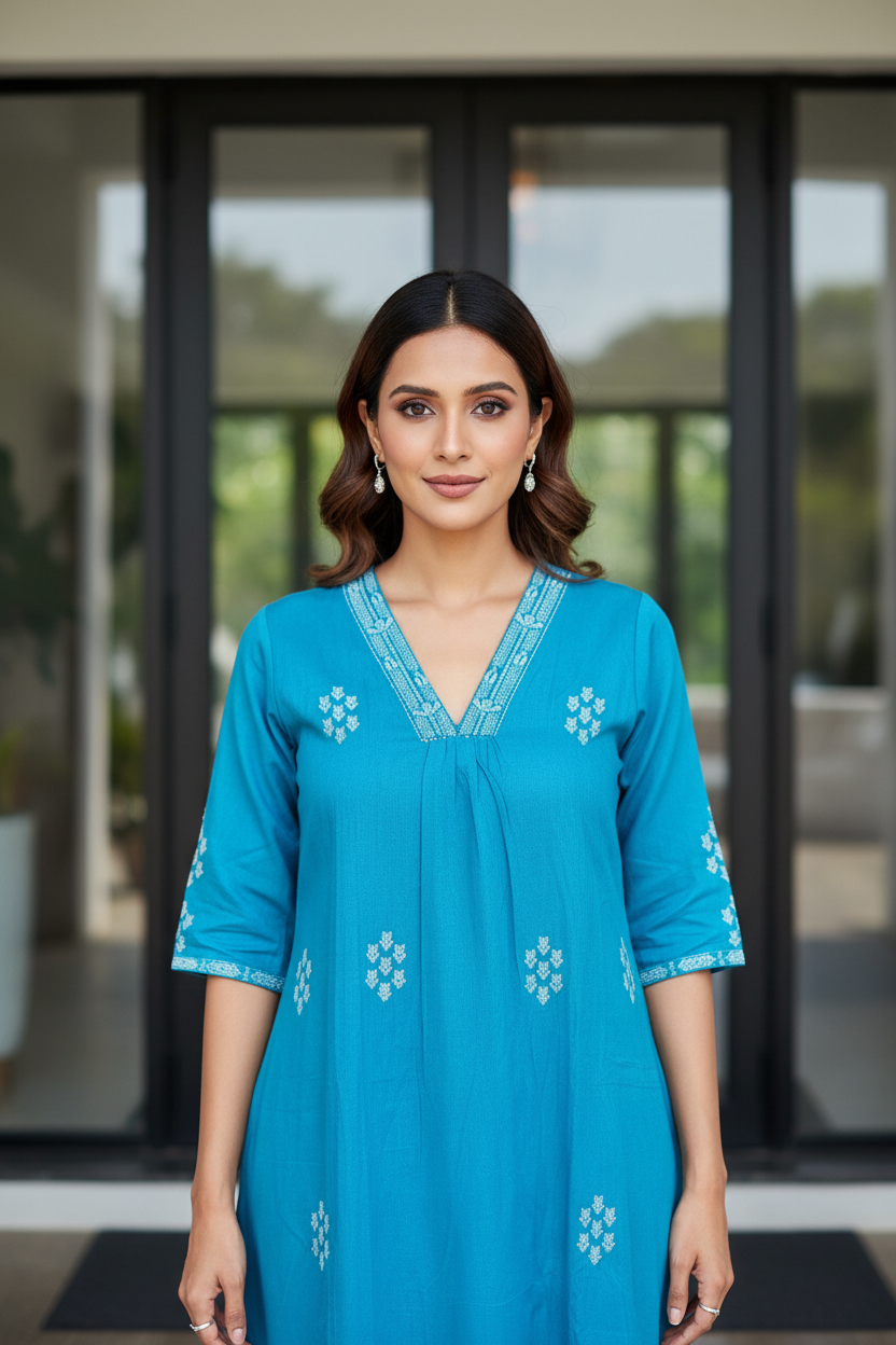 Turquoise Embroidered Straight