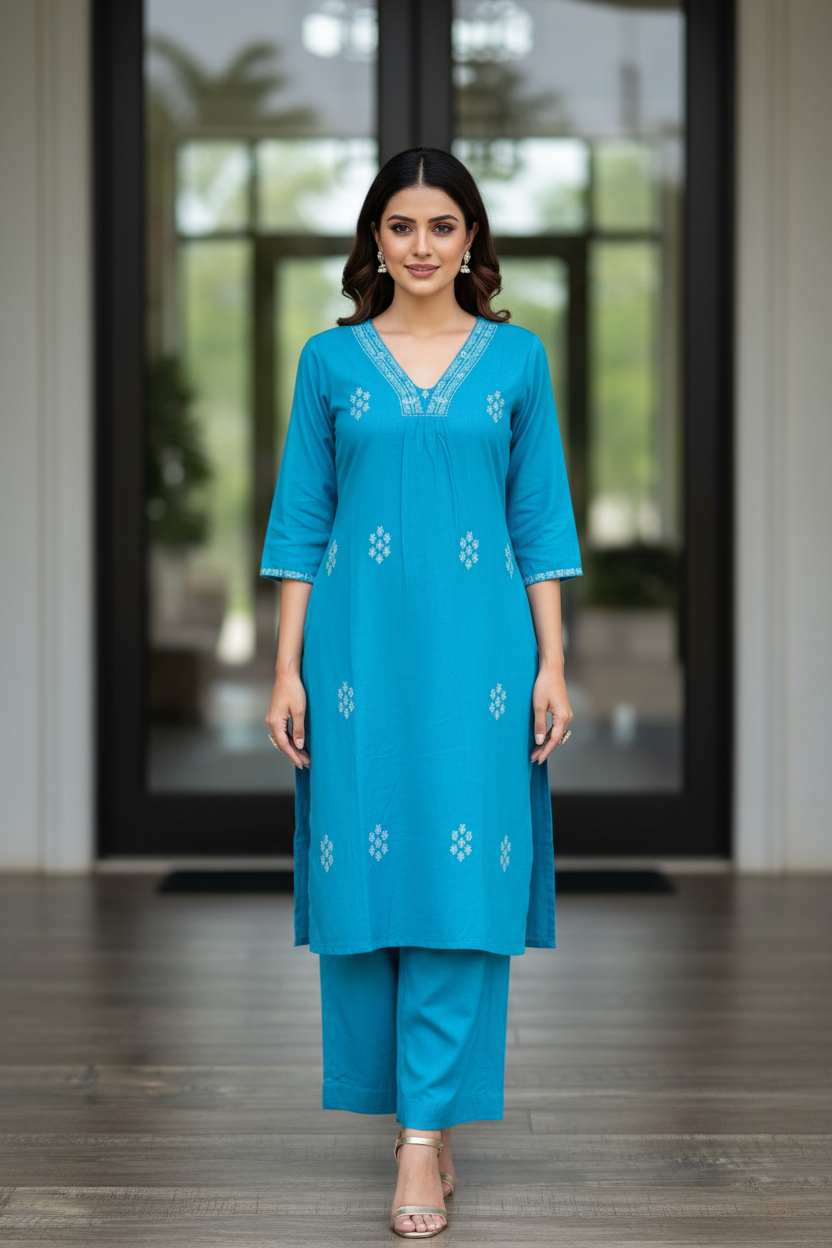 Turquoise Embroidered Straight