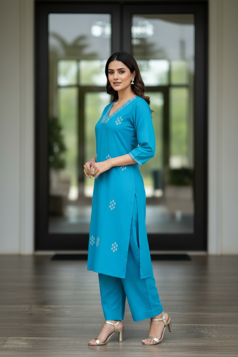 Turquoise Embroidered Straight