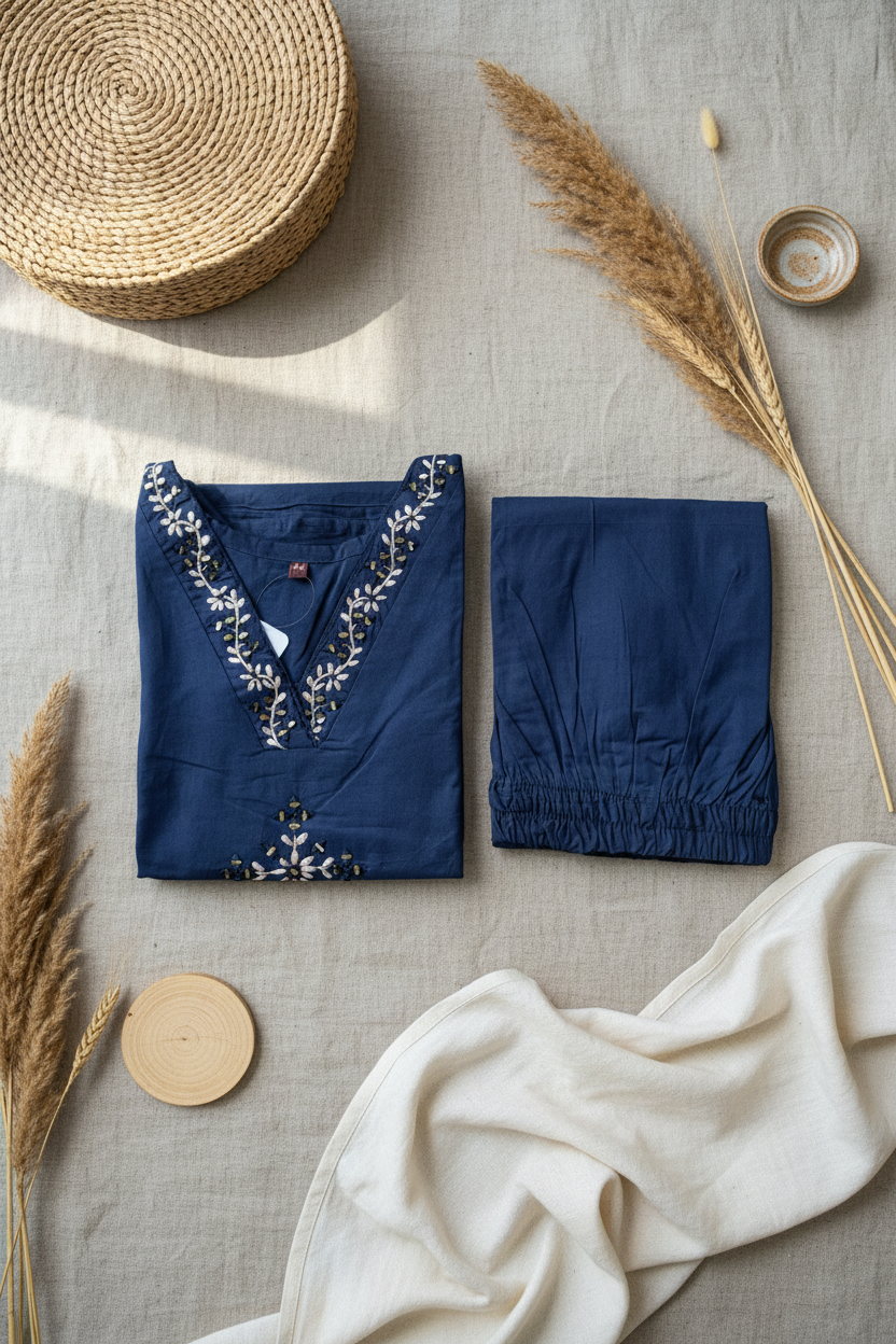 Navy Embroidered Straight