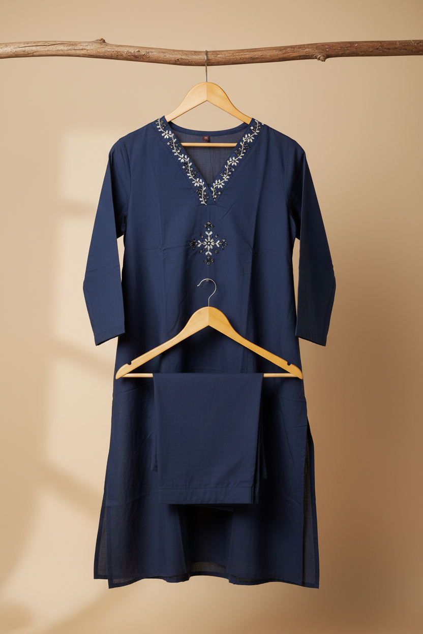 Navy Embroidered Straight